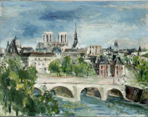 A painting depicts a cityscape with a river, bridge, and various buildings, including a cathedral with twin towers under a cloudy sky.