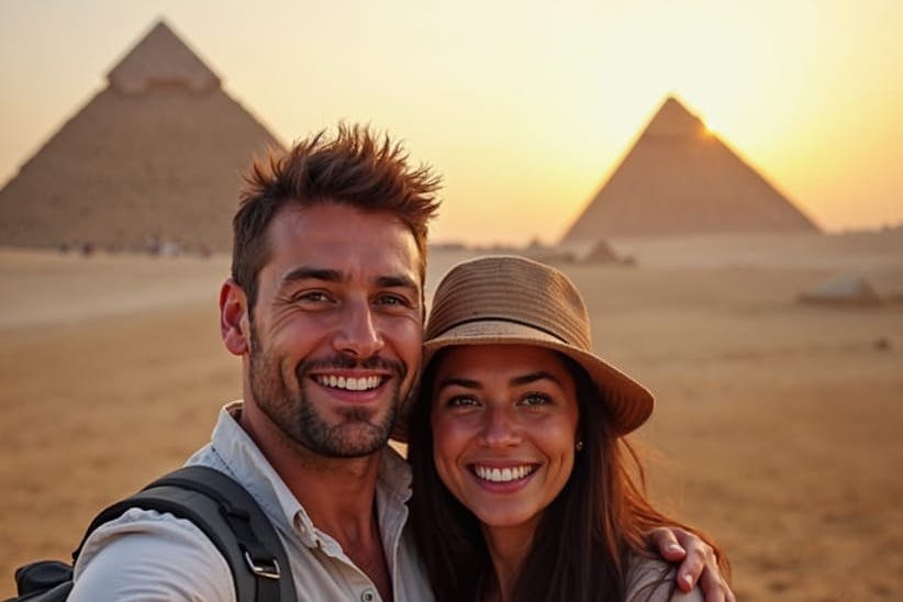 日落时分，一对微笑的夫妇在金字塔前自拍。 男人背着背包，女人戴着帽子。