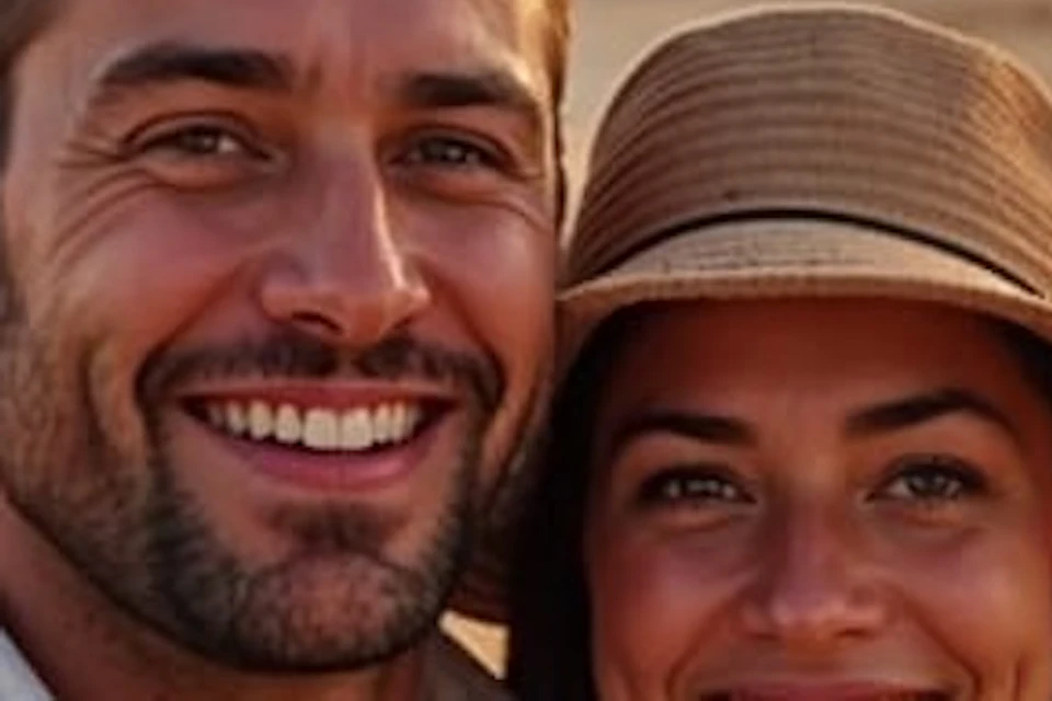A smiling couple takes a selfie in front of the pyramids at sunset. The man wears a backpack, the woman a hat.