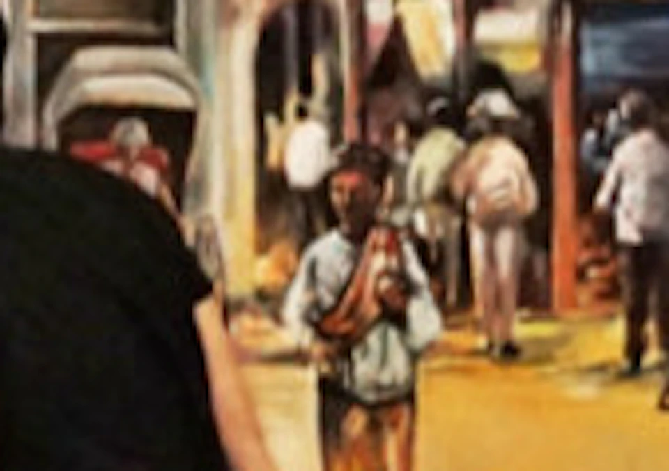 People interacting with a historical street market mural, with some posing and pretending to pull a cart.