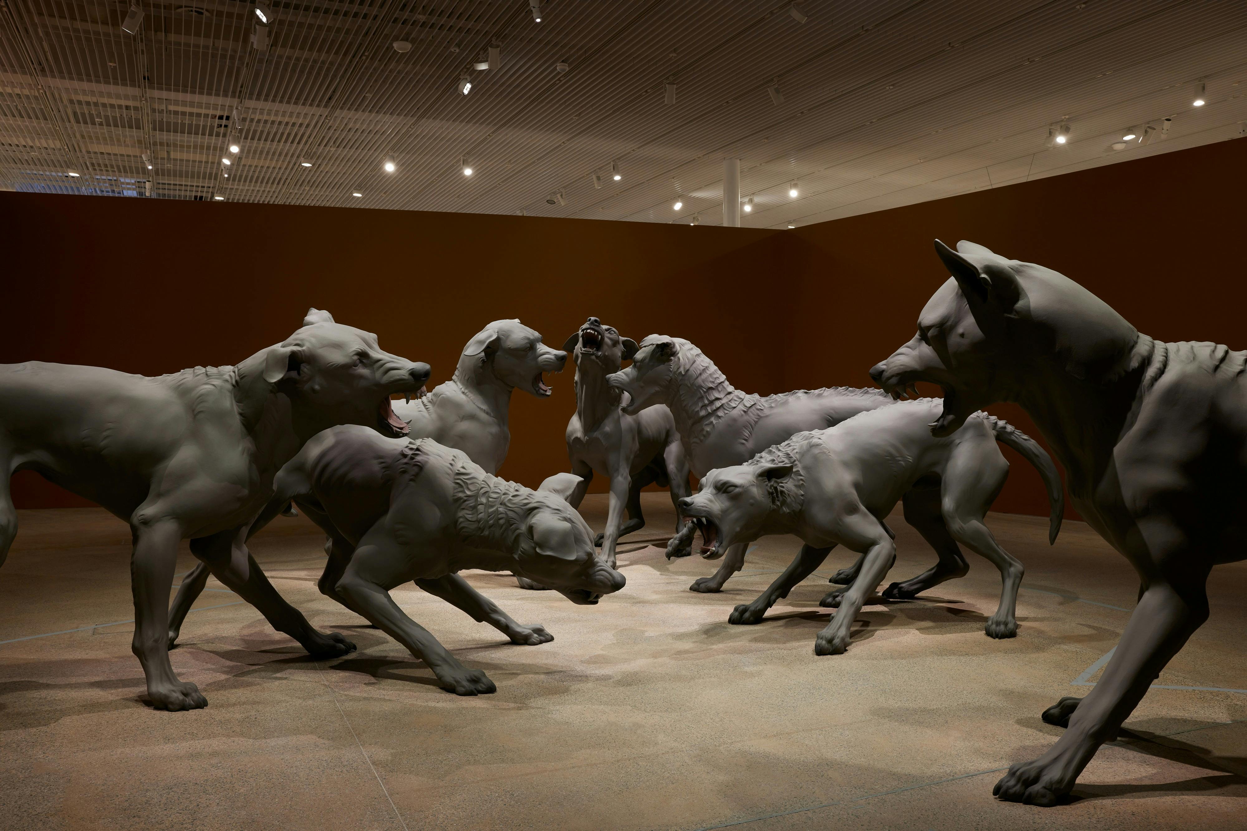 A group of realistic sculptures of snarling dogs in an art gallery setting with a brown wall and overhead lights.