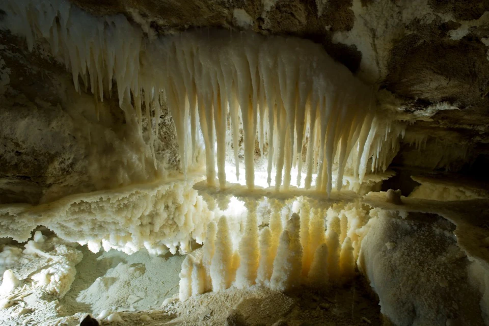 A cave interior showing numerous white stalactites and stalagmites illuminated by light, creating a natural underground scene.
