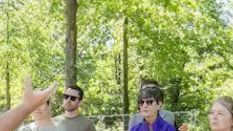 A group of people listens to a tour guide in a forested area on a sunny day.