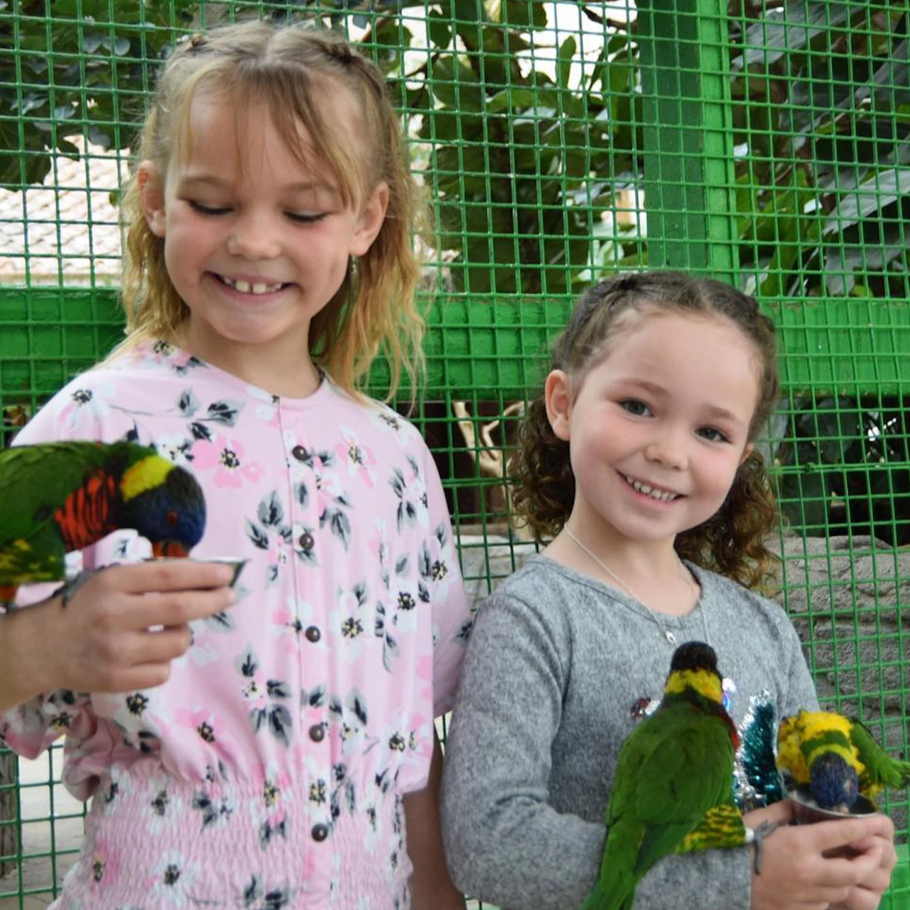Two young girls smile while holding colorful parrots inside a green mesh enclosure with foliage in the background.