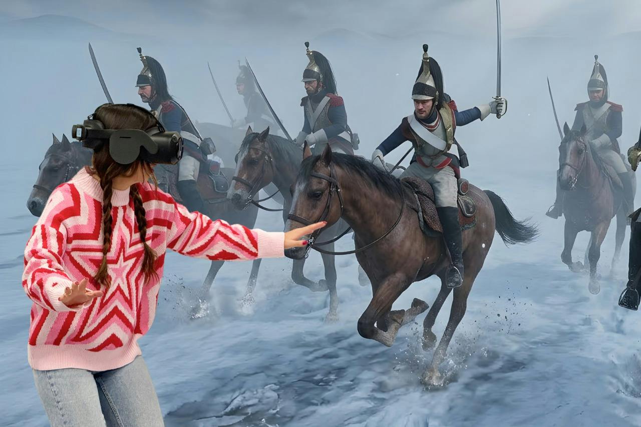 A group of soldiers on horseback in historical military uniforms charging through a snowy field.