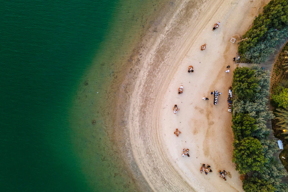 Aerial view of a sandy beach with people sitting at tables near greenery, bordering clear green water.