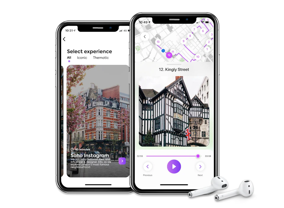 Two smartphones display a travel app with maps and images of city streets; white earphones are placed beside them.