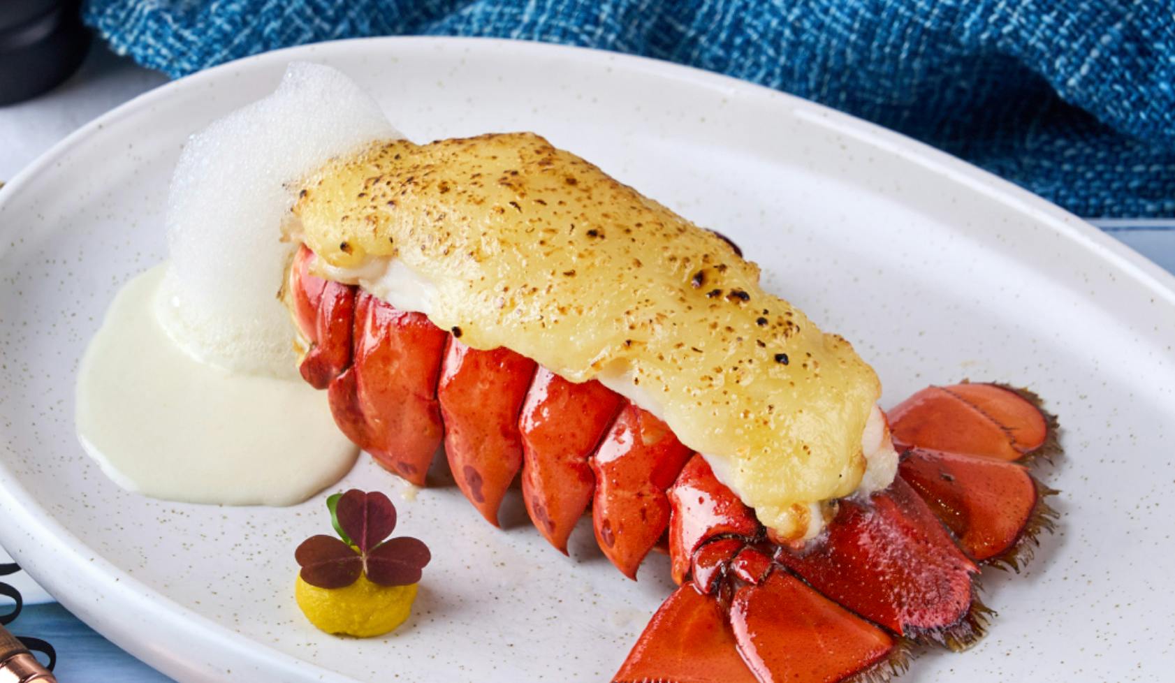 A cooked lobster tail topped with melted cheese served on a white plate with garnish and sauce.