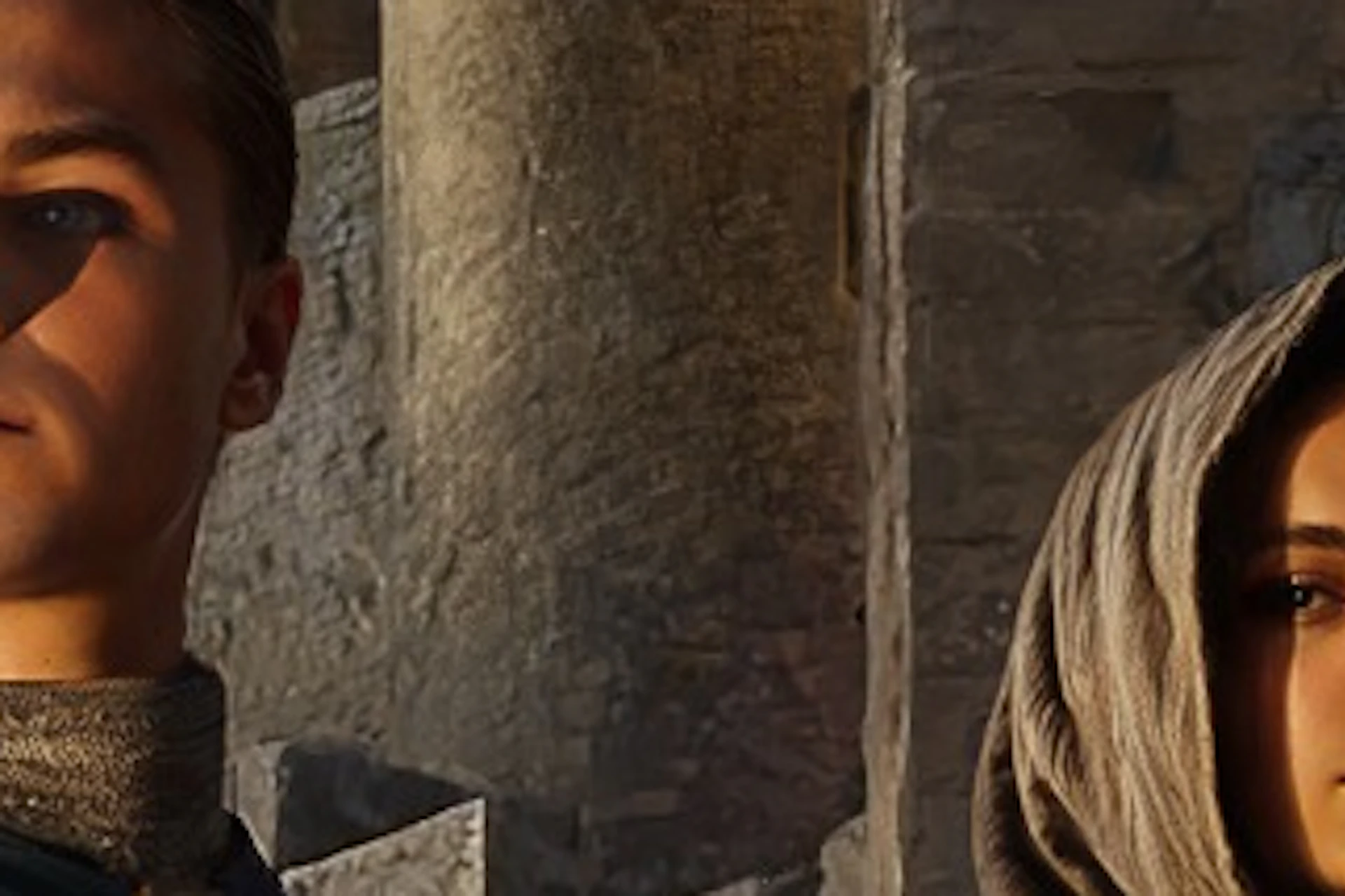 Three people in medieval costumes stand in a castle courtyard; two wear casual clothes, blending past and present.