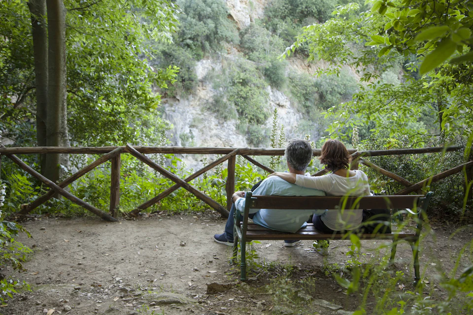 A couple sits on a wooden bench, overlooking a lush, green, mountainous landscape, surrounded by trees and nature.