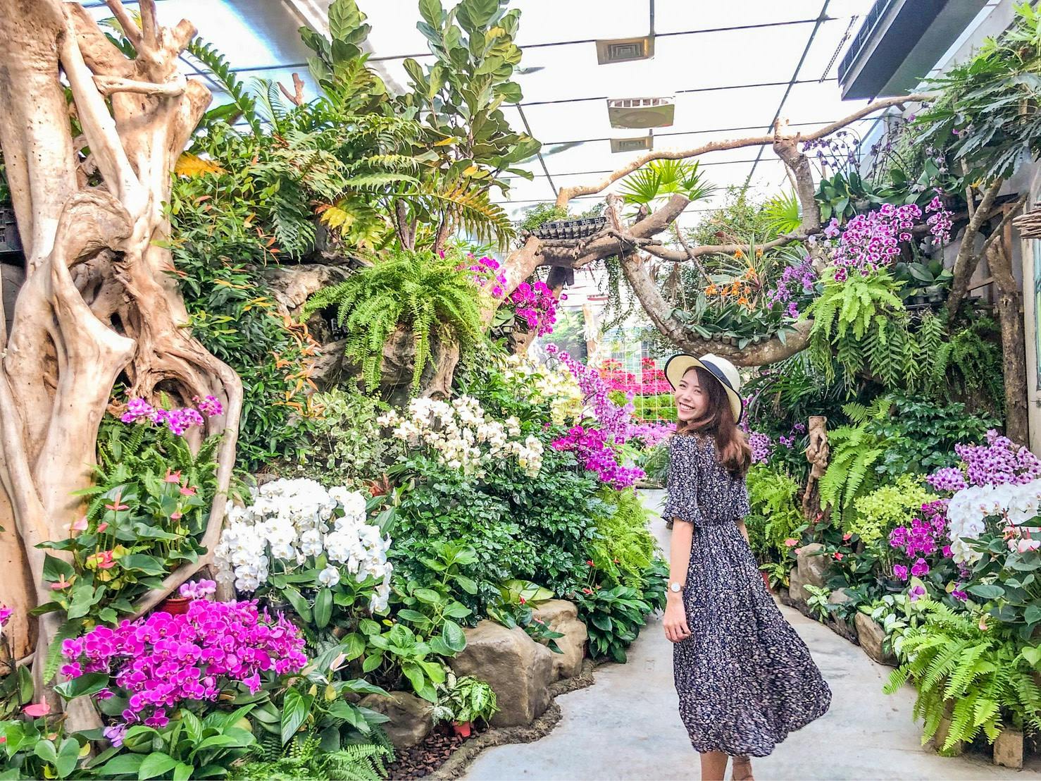 A woman in a patterned dress and hat stands in a greenhouse surrounded by vibrant flowers and lush greenery.