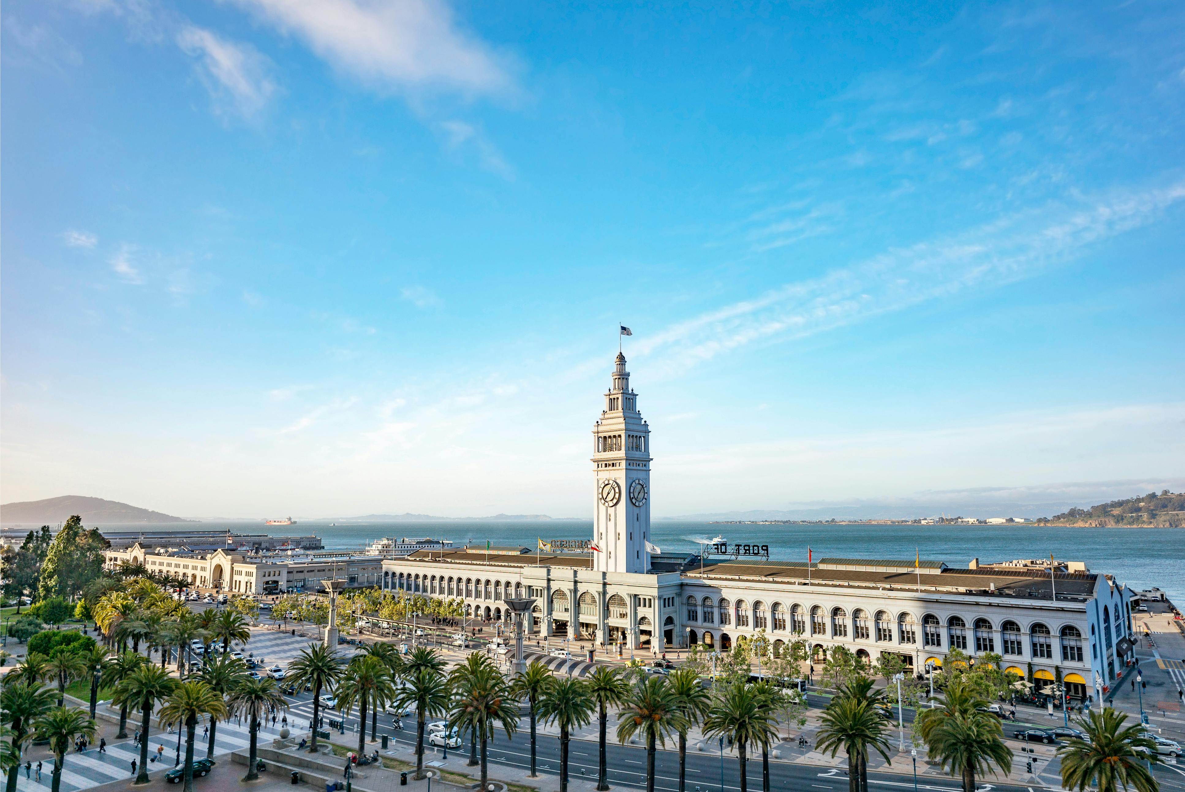 棕榈树在明亮的蓝天下靠近水面的一座大型钟楼前排列着街道。