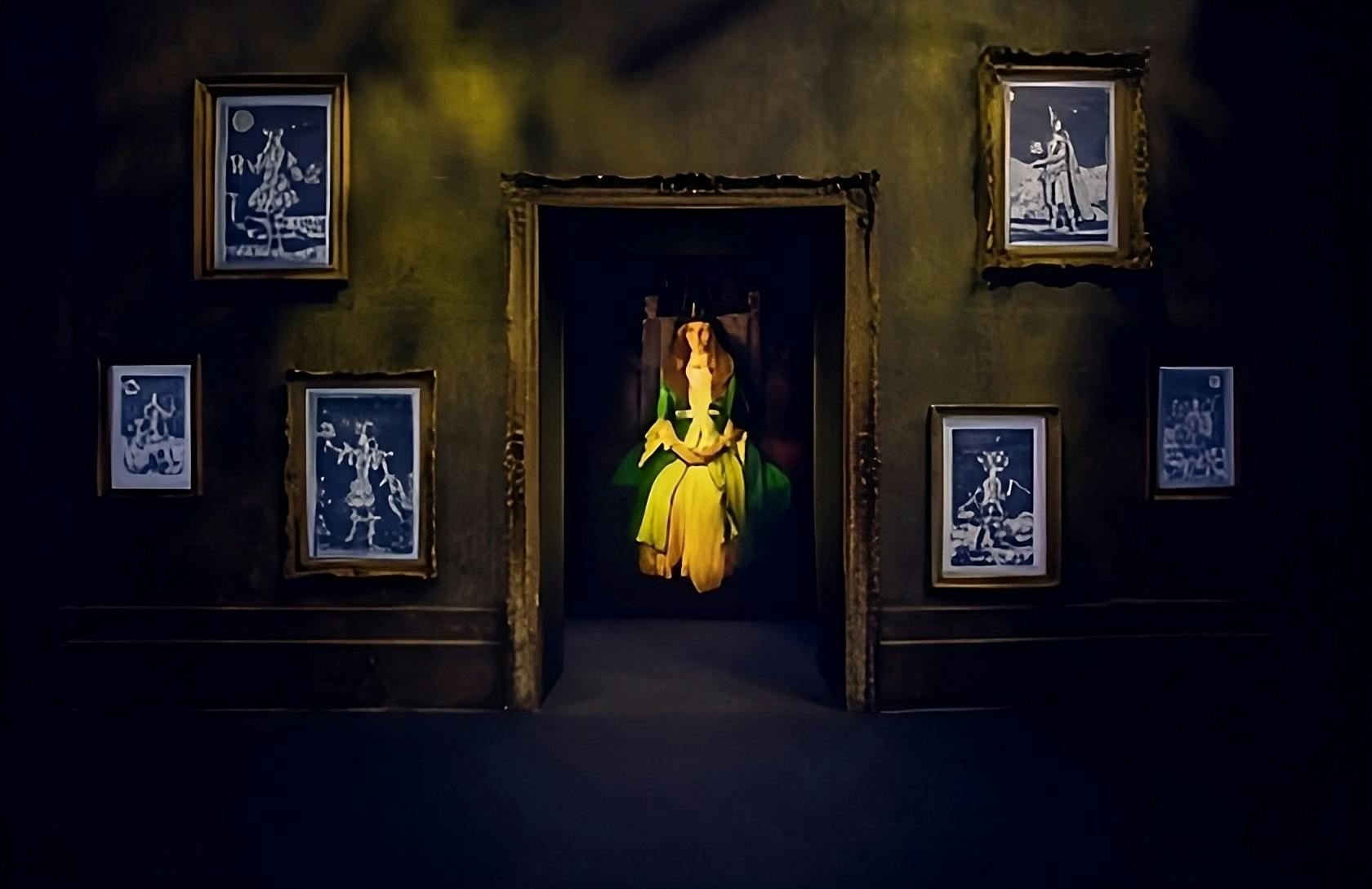 A figure in a green and yellow outfit sits in a dimly lit doorway, surrounded by framed pictures on a dark wall.