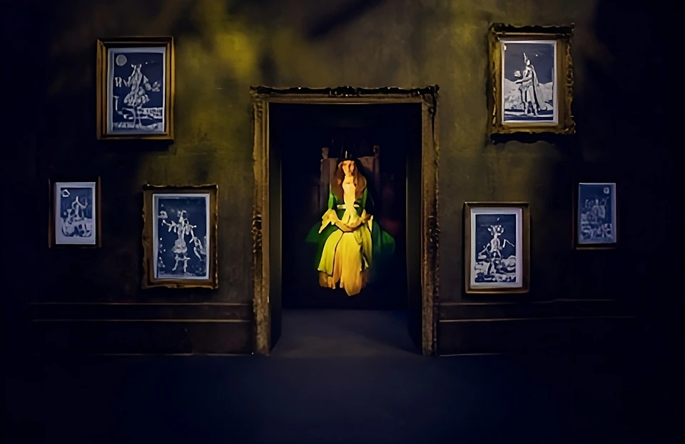 A figure in a green and yellow outfit sits in a dimly lit doorway, surrounded by framed pictures on a dark wall.