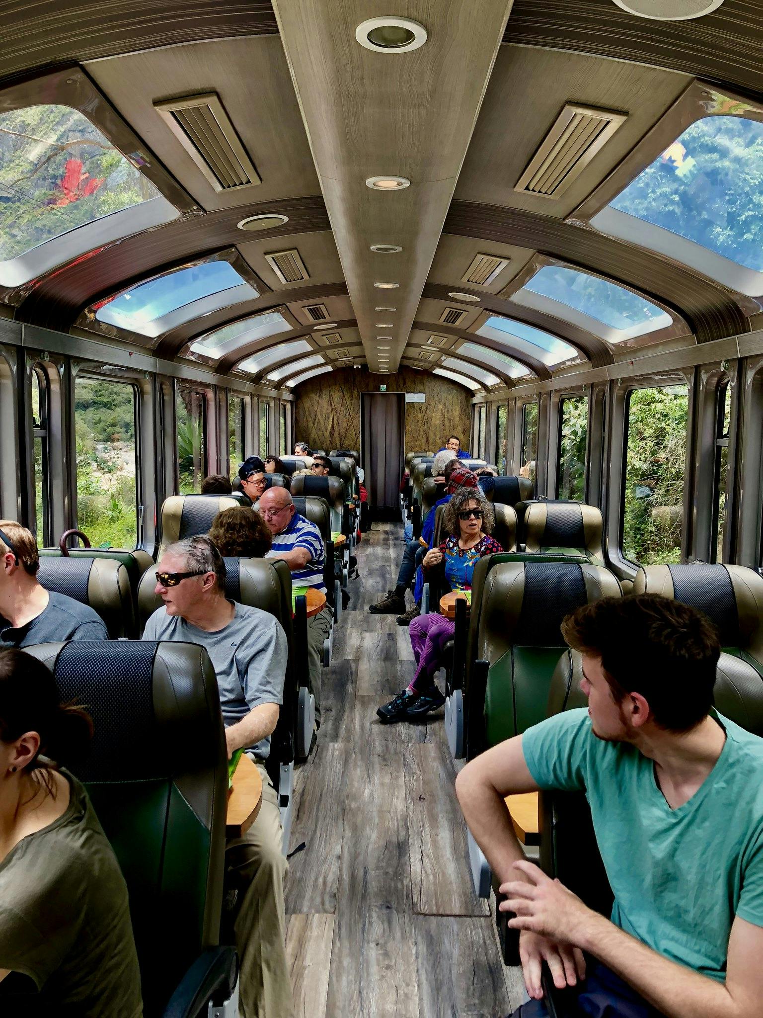 Οι επιβάτες κάθονται και κοιτάζουν έξω από μεγάλα παράθυρα σε ένα γραφικό τρένο με γυάλινα πάνελ οροφής, που περιβάλλεται από πράσινο.