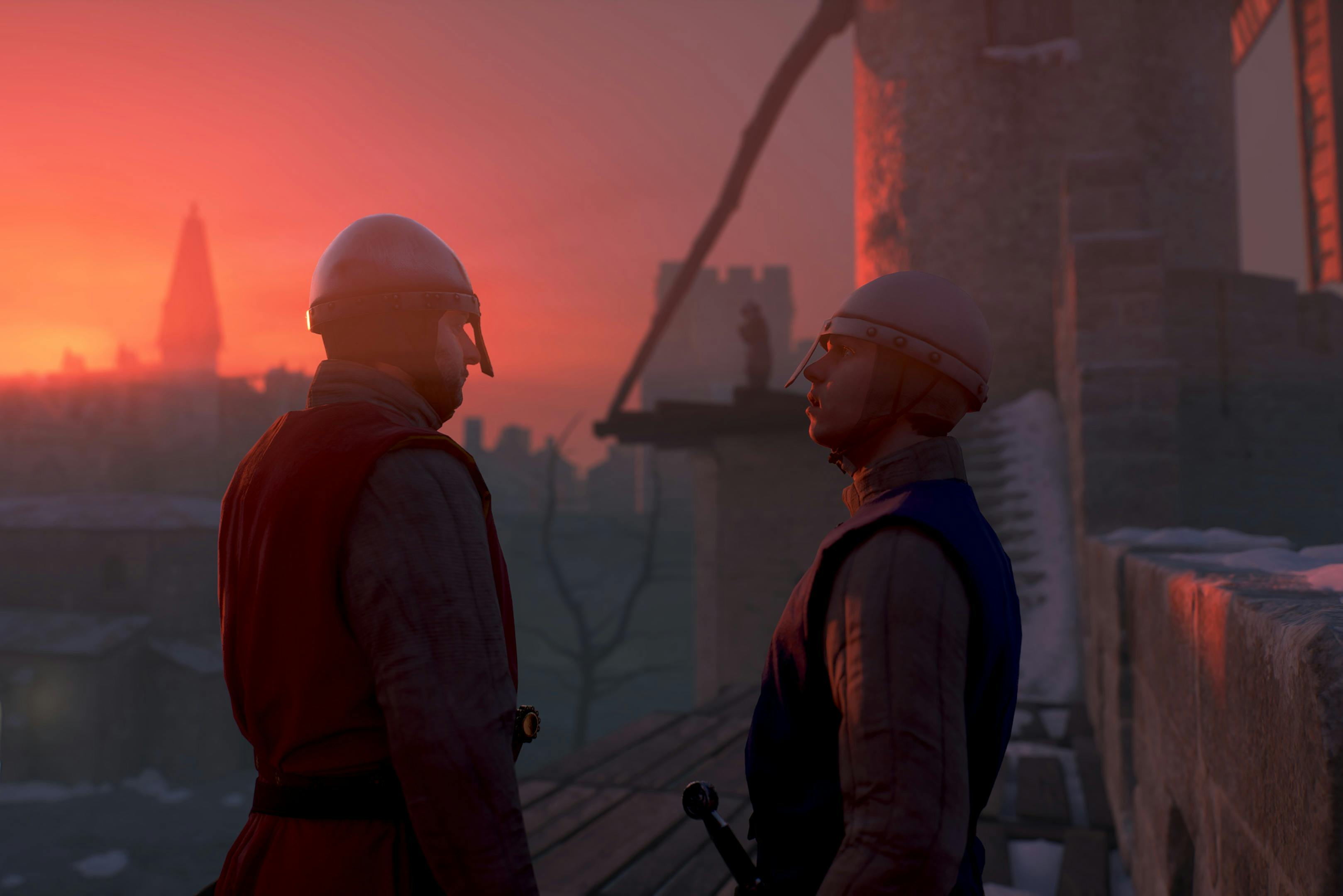 Two armored soldiers stand face to face on a castle wall at sunset, with a silhouette of a distant figure on another tower.