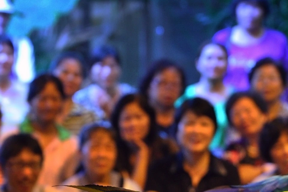 A blue and yellow parrot holding a red ring in its beak, with an audience of people seated in the blurred background.