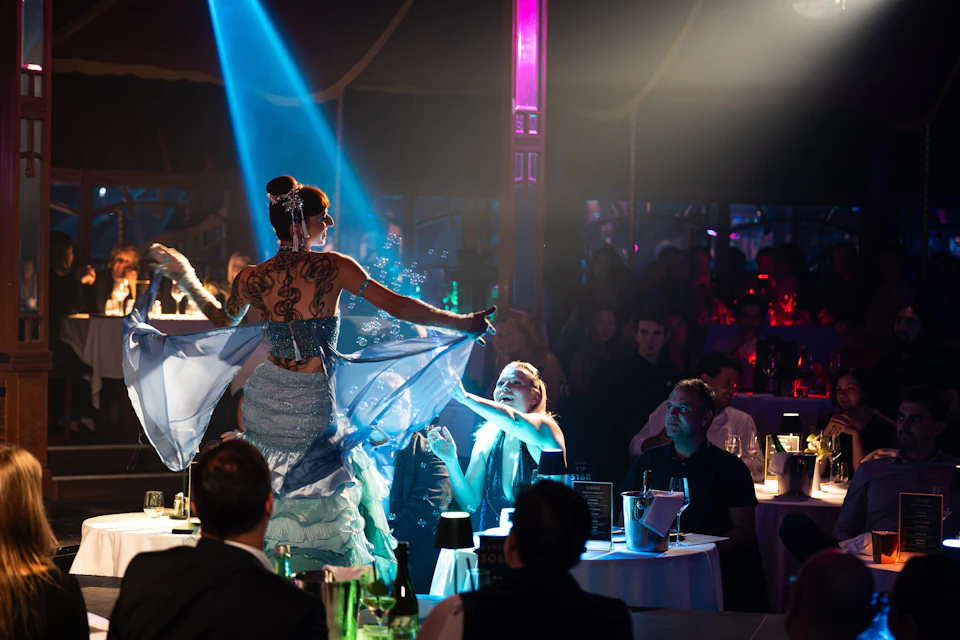 A performer in a decorative outfit entertains a seated audience in a dimly lit venue with colorful lighting.