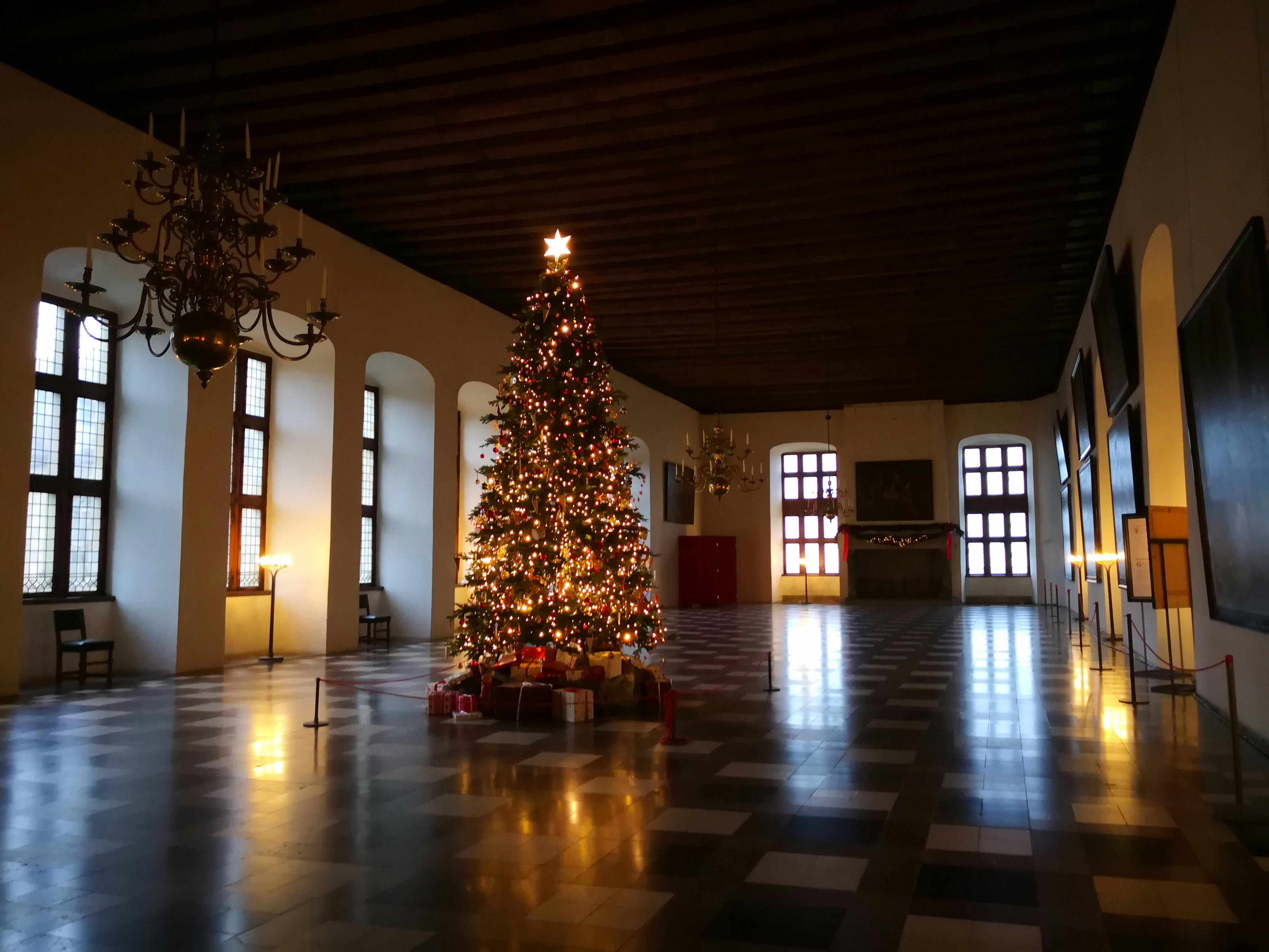 A decorated Christmas tree with presents underneath stands in an ornate, spacious room with tall windows and chandeliers.