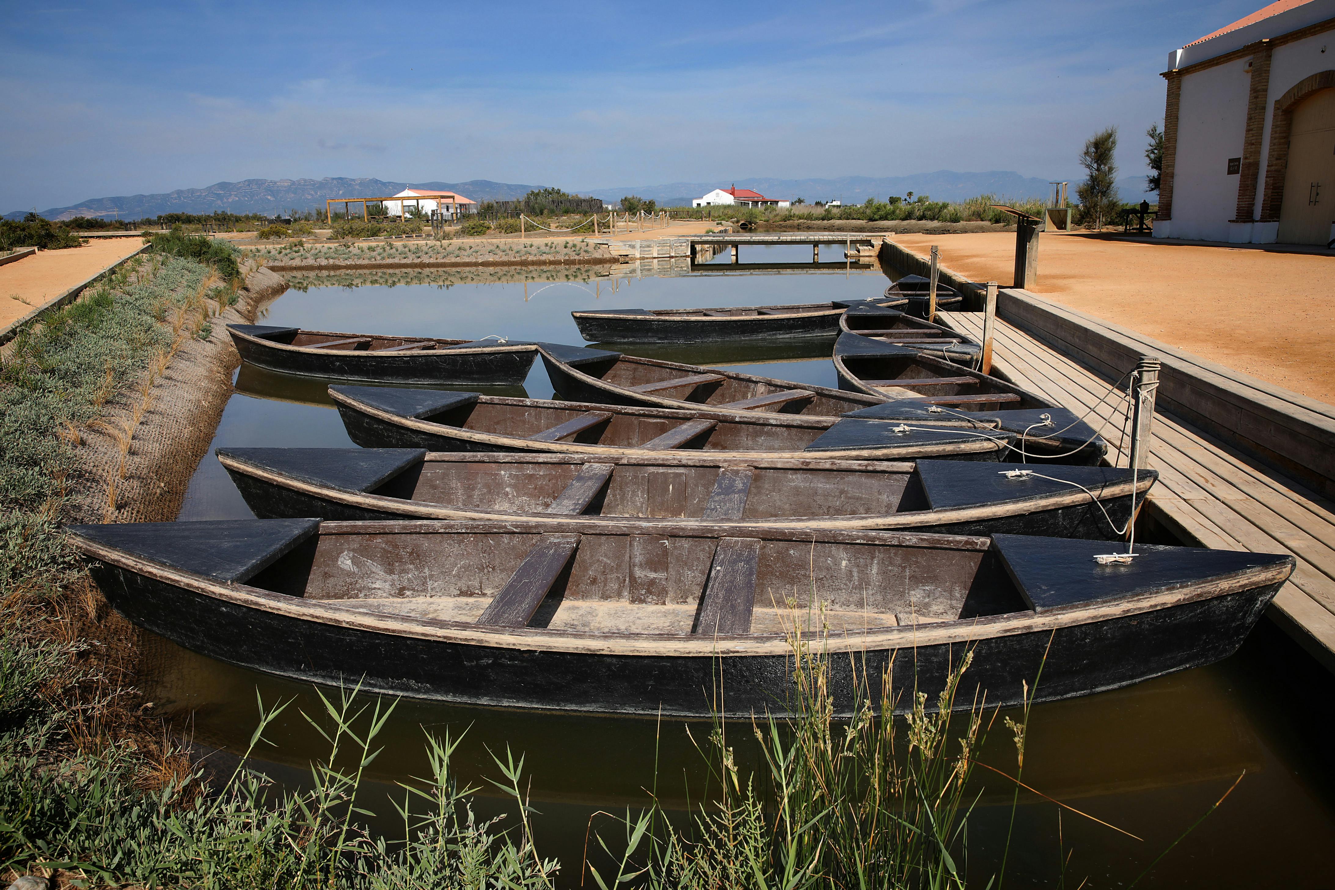 Αρκετά ξύλινα σκάφη αγκυροβόλησαν σε ήρεμα νερά κοντά σε μια προβλήτα με ένα μπεζ χωματόδρομο και σπίτια στο παρασκήνιο.