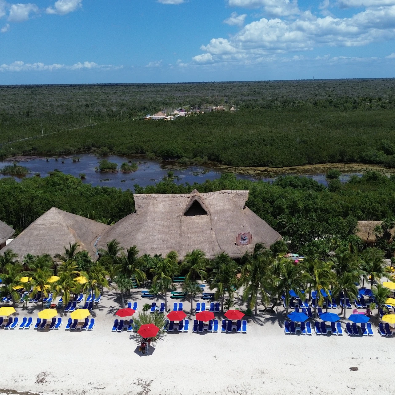 A beach resort with palapa-roofed buildings, colorful beach chairs, and umbrellas, surrounded by palm trees and dense greenery.