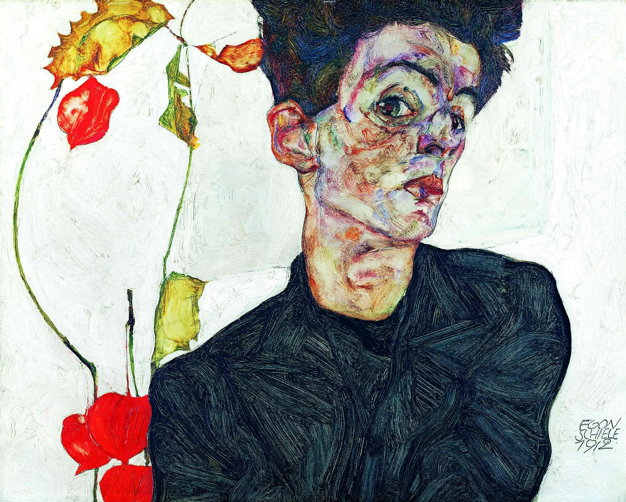 A stylized portrait depicts a person with exaggerated facial features, wearing dark clothing. Red and yellow flowers are in the background.