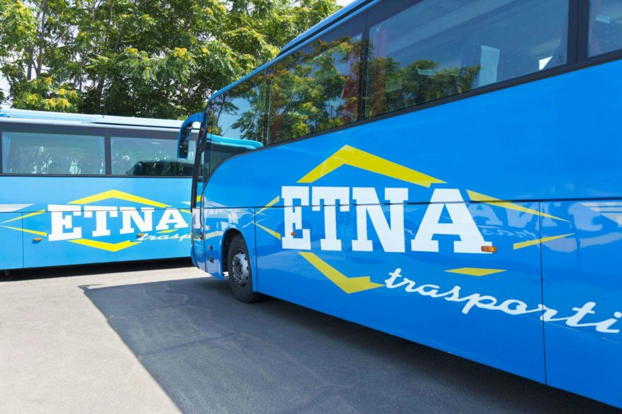 Due autobus blu con il logo "ETNA" parcheggiati su una strada, con alberi sullo sfondo.