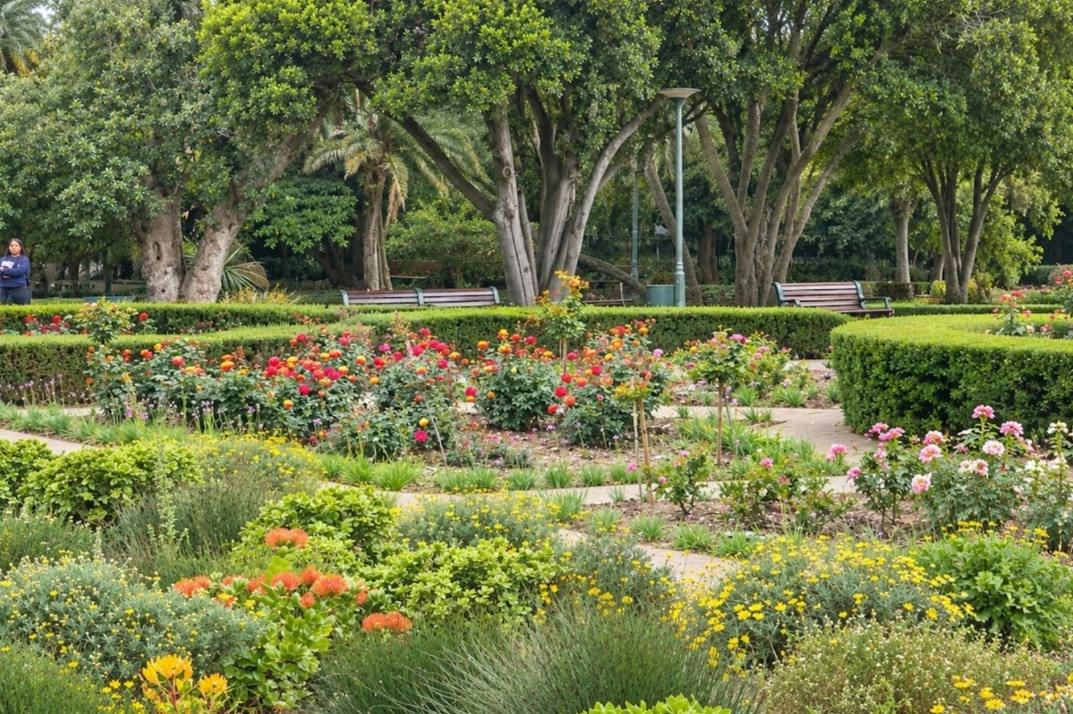 A landscaped garden with blooming flowers, trimmed hedges, trees, and park benches under a lamp post.