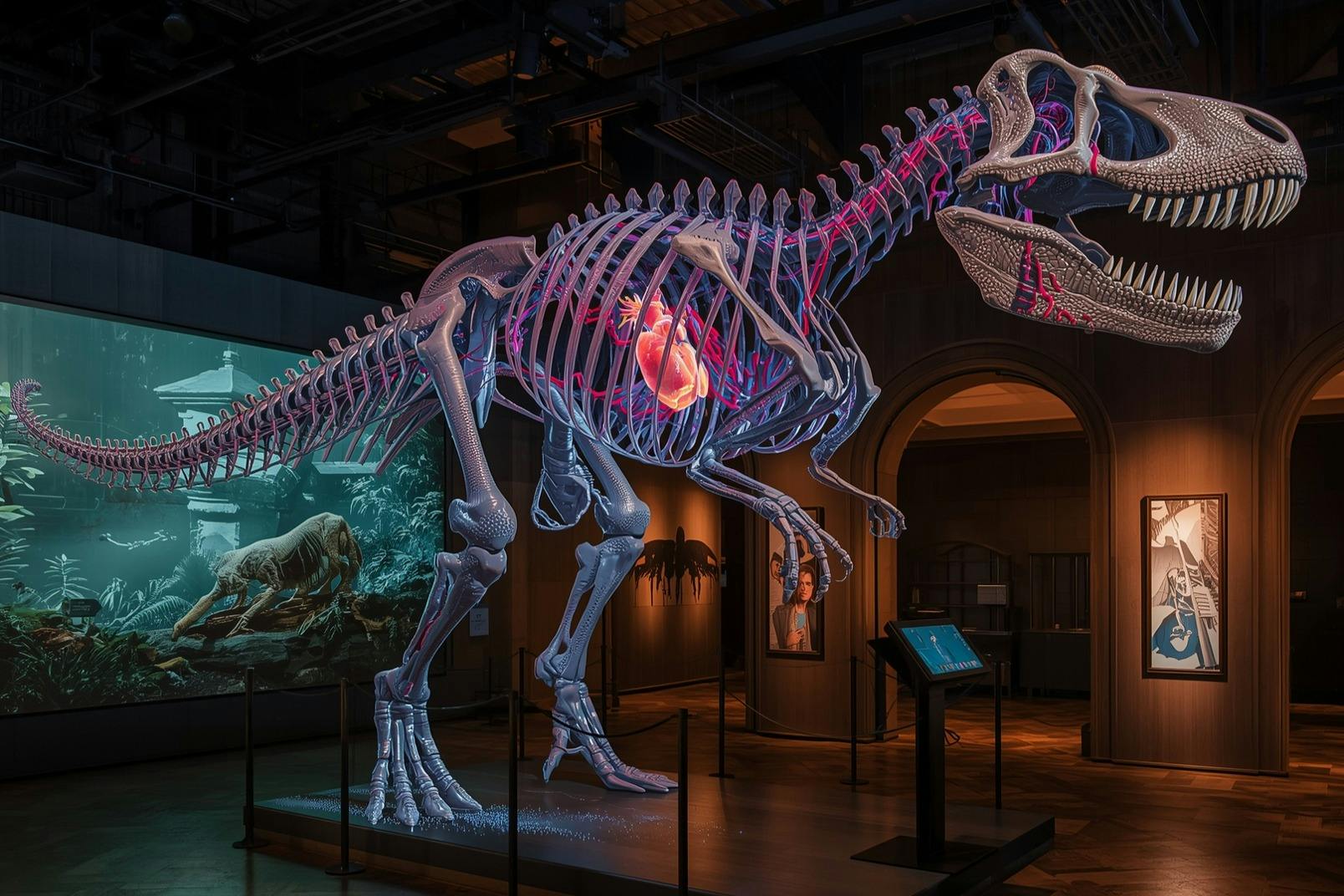 Ένα μουσειακό έκθεμα που διαθέτει ένα διαφανές μοντέλο δεινοσαύρου με ορατά όργανα και μια ζωντανή απεικόνιση του κυκλοφορικού του συστήματος.