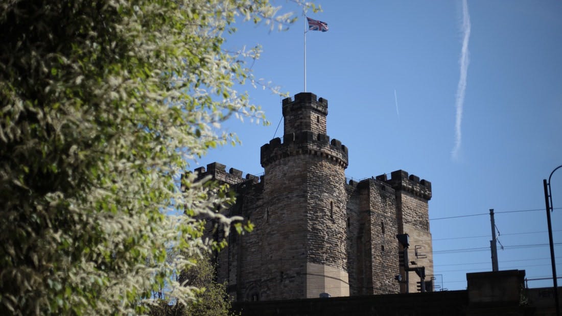 石头城堡塔顶挂着一面旗帜，部分被一棵绿树遮挡，对着晴朗的蓝天。