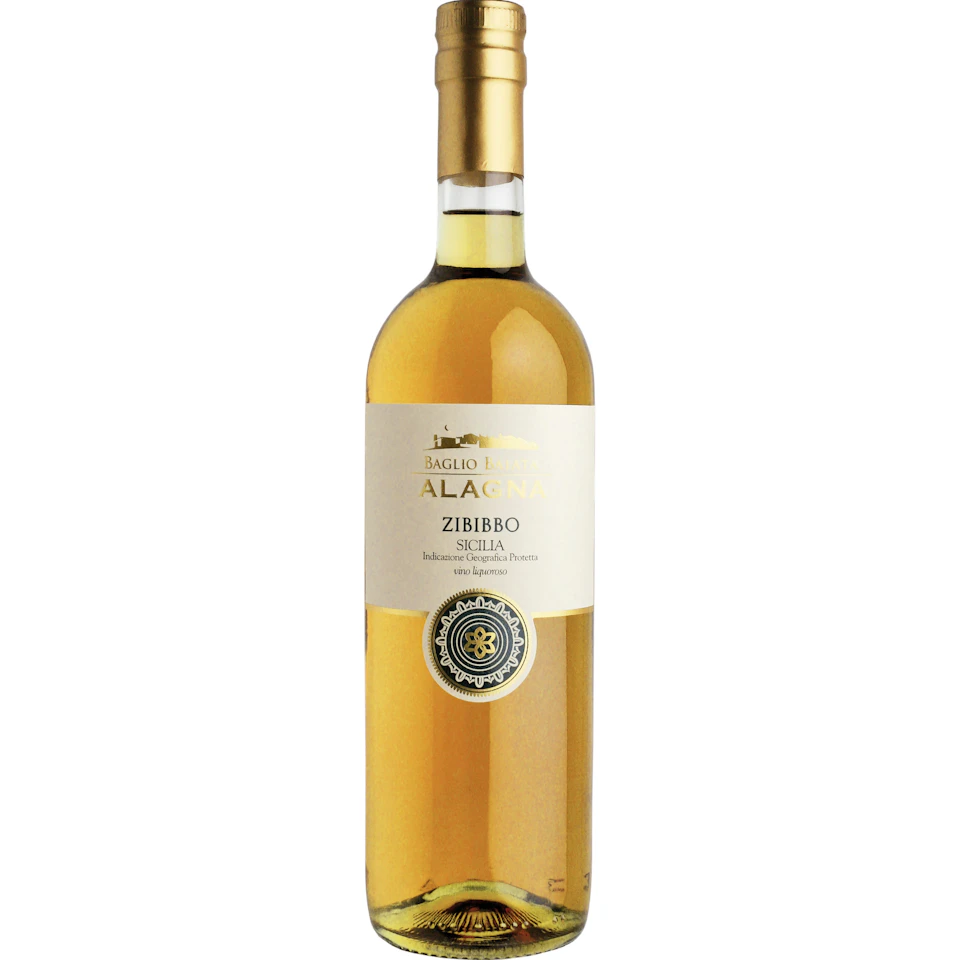 A wine bottle with a gold cap. The label reads "Baglio Baiata Alagna Zibibbo Sicilia" with a circular logo near the bottom.