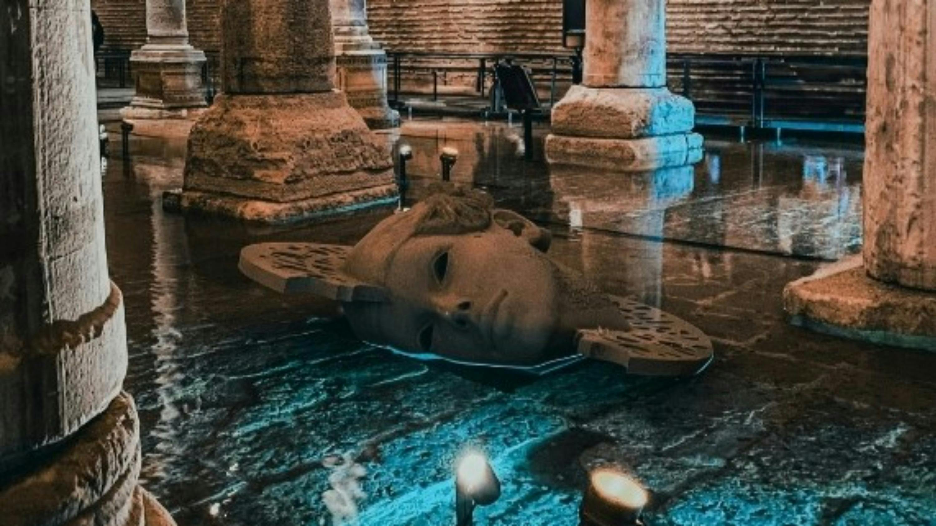 A large, artistic sculpture of a face partially submerged in water in a dimly lit interior space with columns and reflections.
