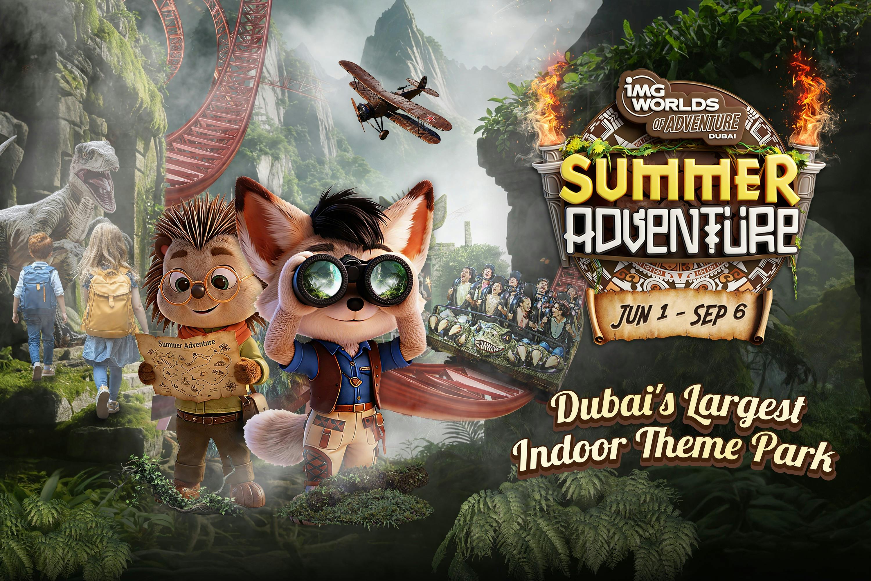 Poster promozionale per l'evento Summer Adventures di IMG Worlds of Adventure, con animali dei cartoni animati, montagne russe e testi.