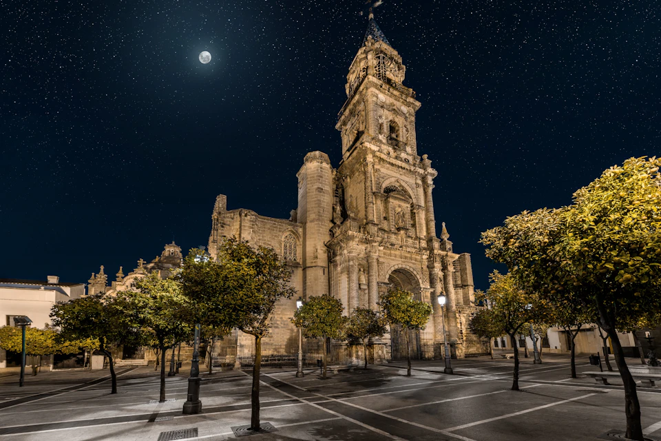 A historic stone building with a tall tower lit at night, surrounded by trees and a paved square under a starry sky.