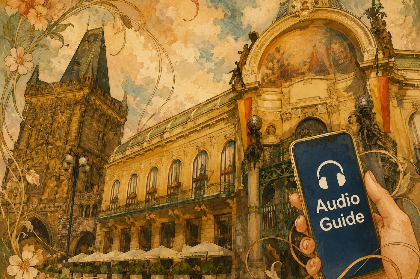 A hand holding a phone displaying 'Audio Guide' in front of a historic European-style building with ornate architecture.