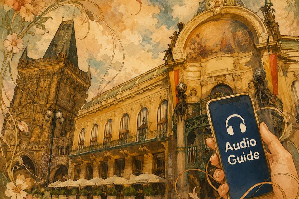 A hand holding a phone displaying 'Audio Guide' in front of a historic European-style building with ornate architecture.