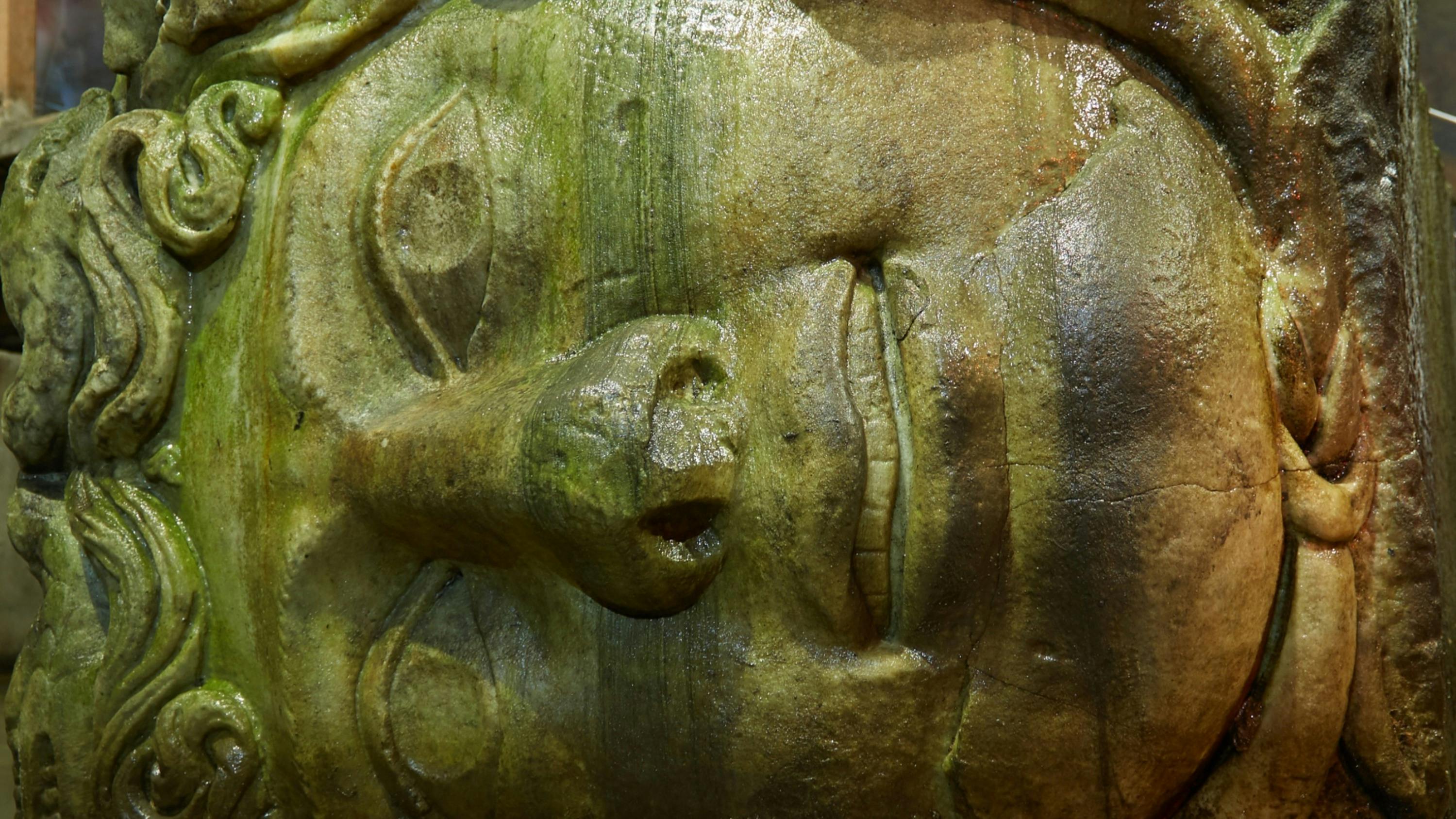 Close-up view of a carved face in a greenish-golden material, showing details of the eyes, nose, and mouth.