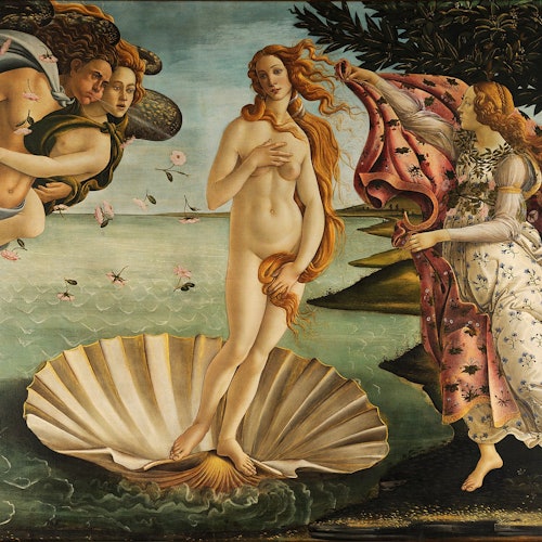 A nude woman stands on a large seashell, surrounded by two flying figures and a woman offering a cloak, with a seascape in the background.