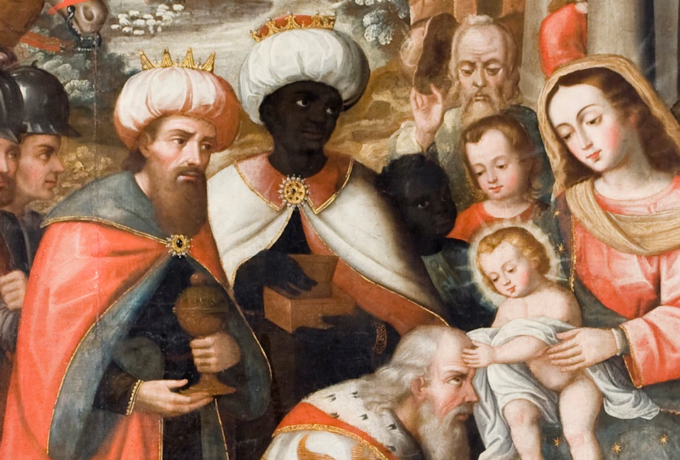 A painting depicting the Three Wise Men presenting gifts to baby Jesus, held by Mary, with other figures surrounding them.