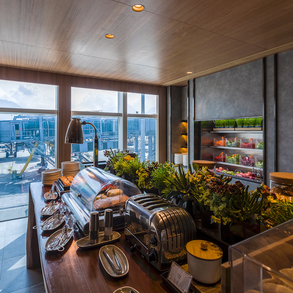 Buffet setup with covered dishes, a shiny toaster, and fresh vegetables near large windows overlooking an airport tarmac.