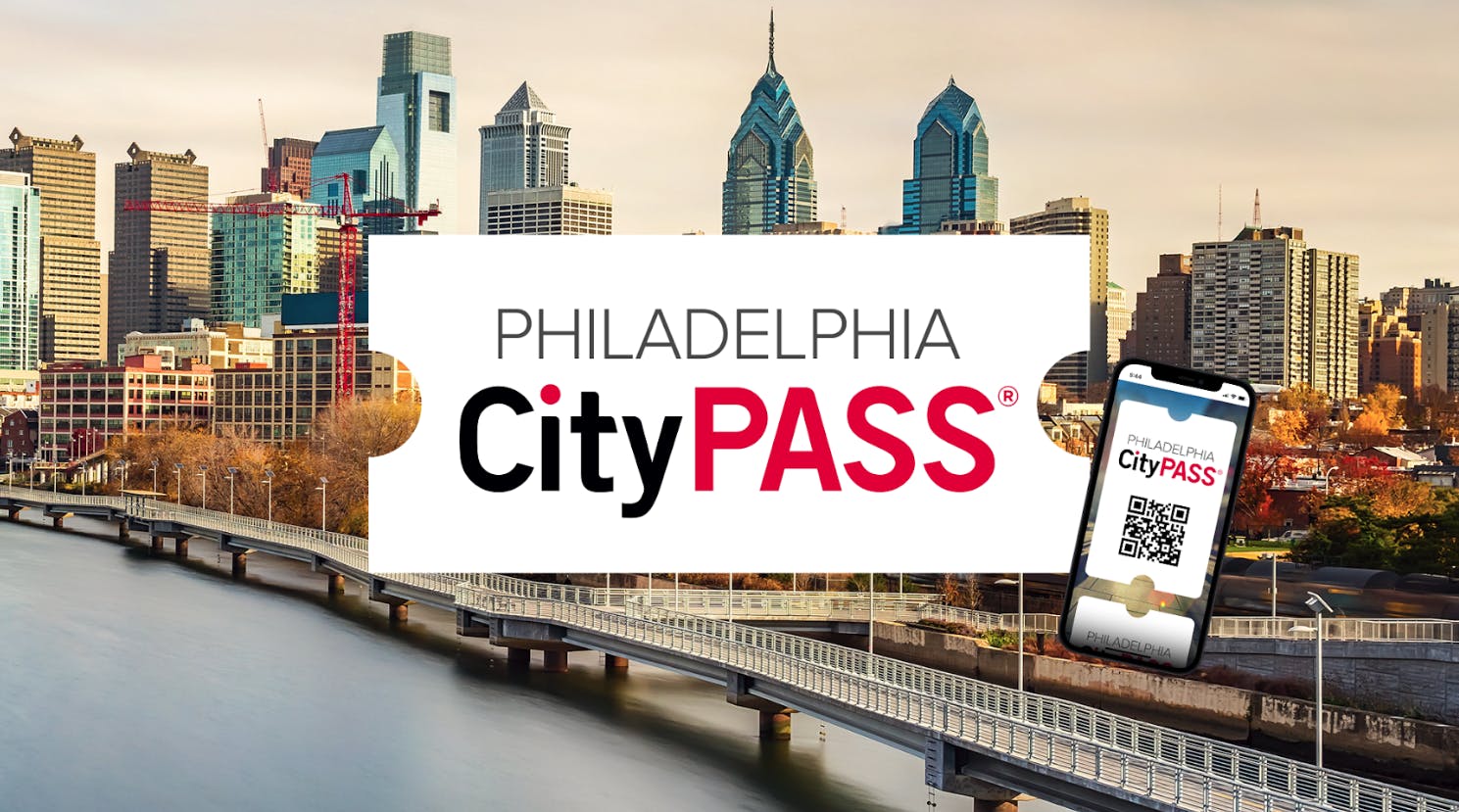 Philadelphias skyline med skyskrapor, logotypen "PHILADELPHIA CityPASS" och en smartphone med en digital CityPASS-biljett.