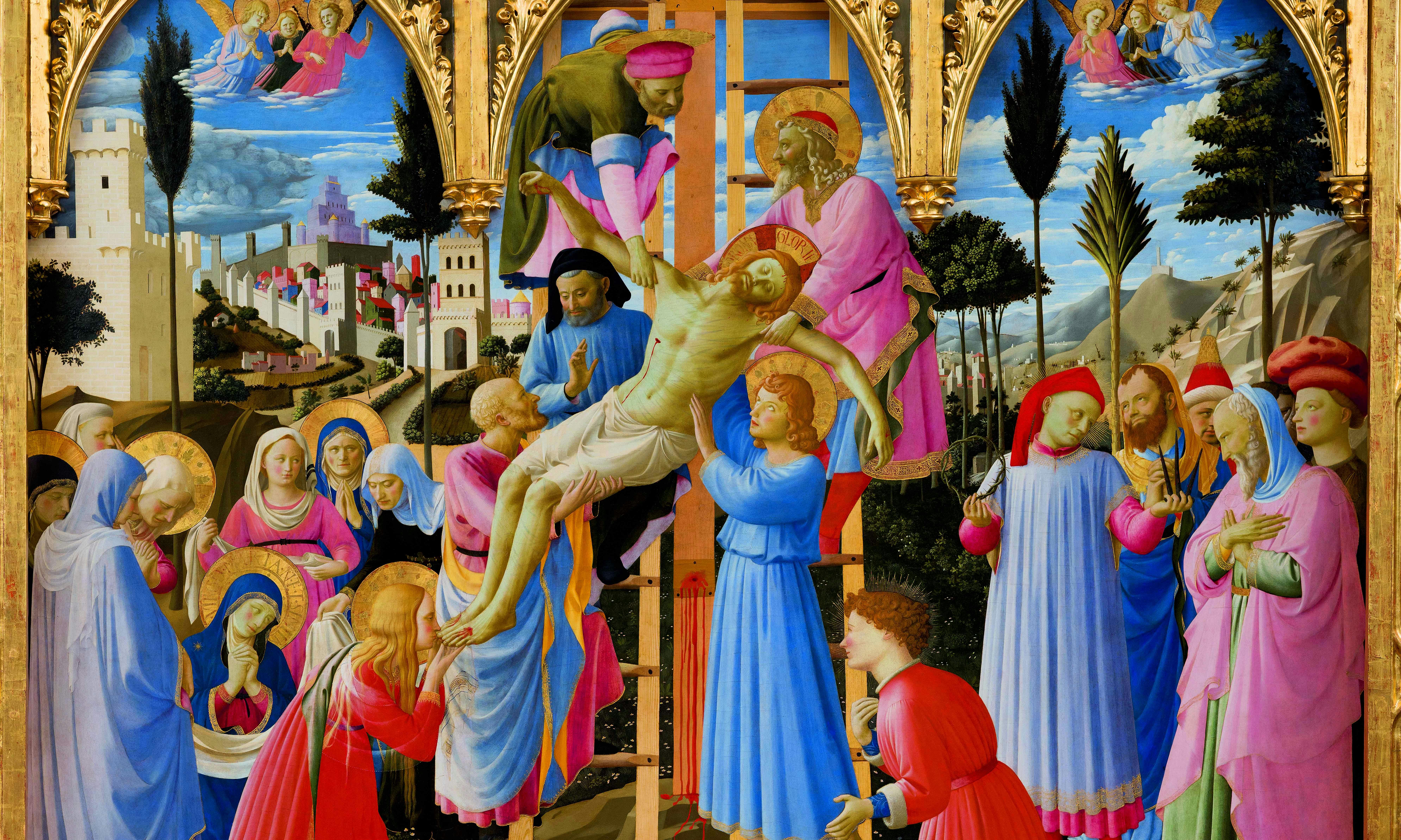 A religious painting depicting the descent of Jesus from the cross, surrounded by figures in colorful robes with a landscape background.