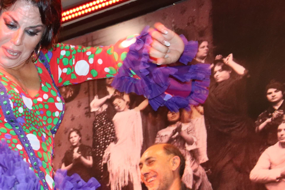 A woman in a colorful flamenco dress dances energetically in front of a seated man, with a flamenco-themed backdrop.