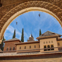 A detailed archway frames a view of traditional buildings and tall cypress trees against a clear blue sky with three birds flying.