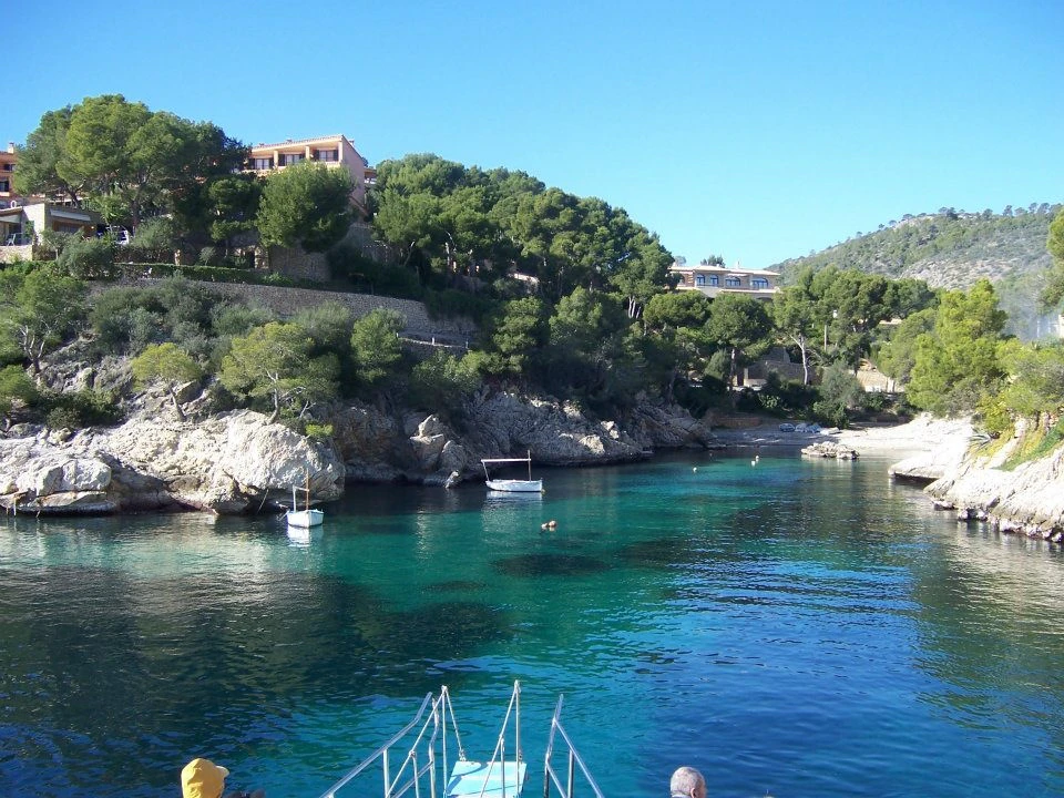 Clear blue cove with rocky shores, several boats anchored, and houses nestled among trees. Stairs leading into the water.