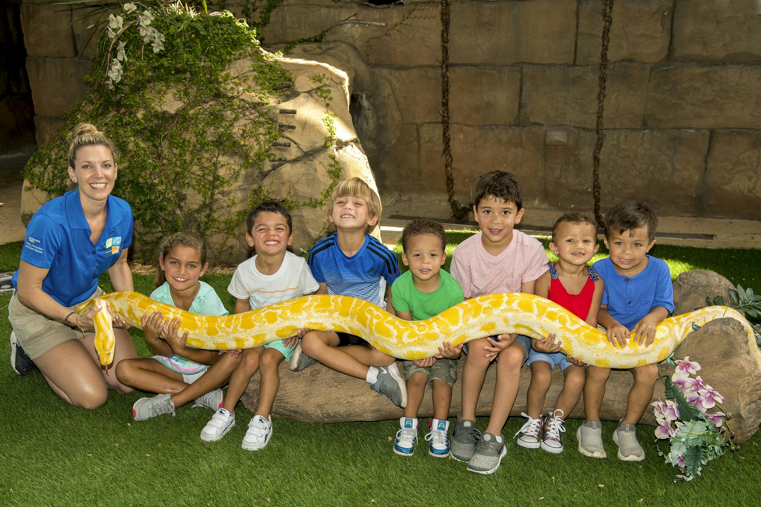 Syv børn sidder på en træstamme, der holder en stor gul slange, med en sten og grøn baggrund.