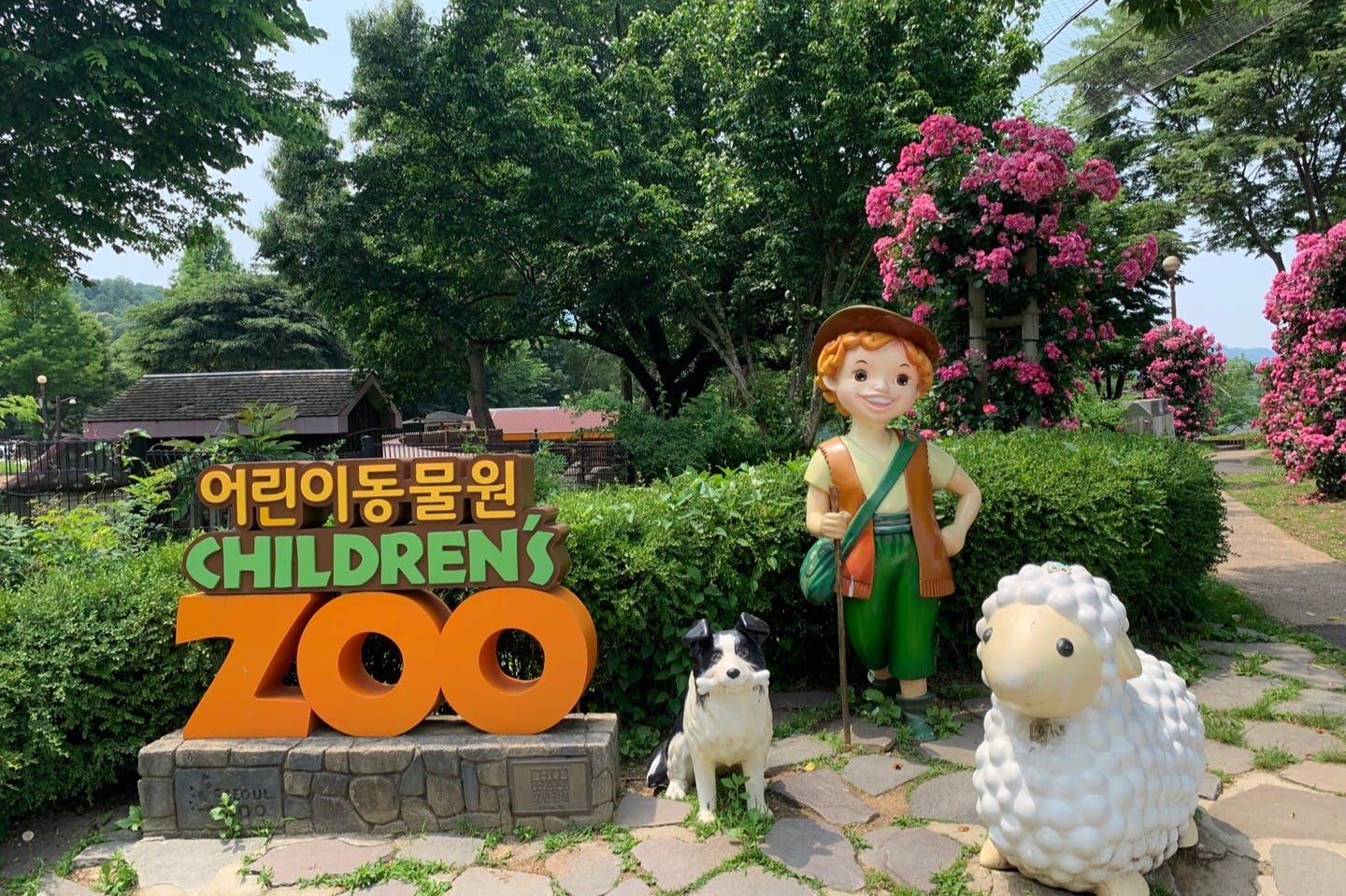 Una statua di bambino con un cane e una pecora in un giardino con cespugli fioriti rosa e un'insegna parzialmente visibile sulla sinistra.