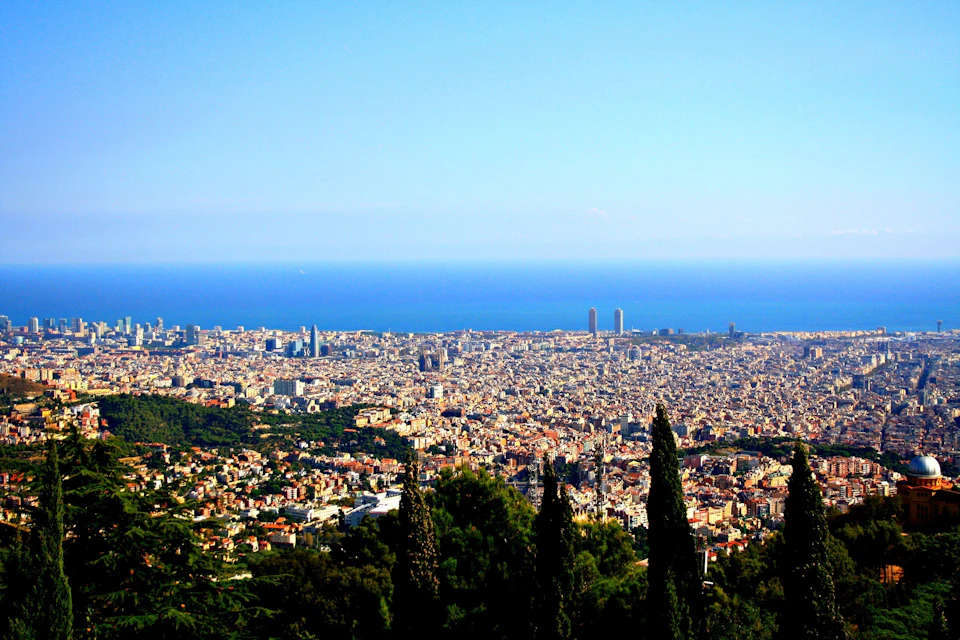 A cityscape with numerous buildings, a view of the sea in the background, and green trees in the foreground under a clear sky.