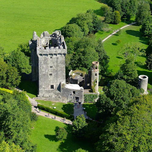 Flygfoto över ett gammalt stenslott med ett torn, omgivet av frodiga gröna träd och stigar.