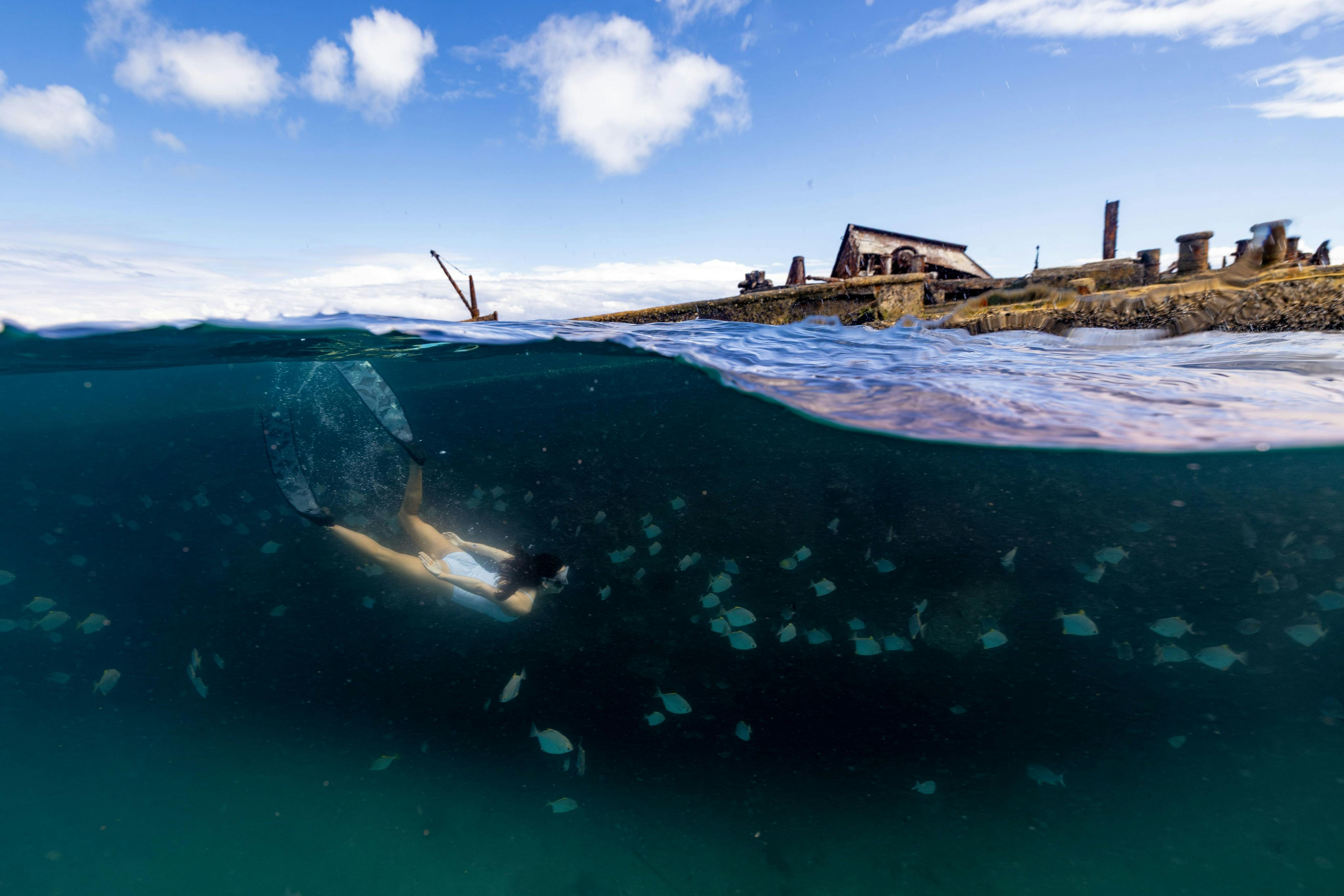 Een gesplitst beeld van een persoon die onder water snorkelt met vissen, en een eiland met ruïnes boven water onder een blauwe lucht.